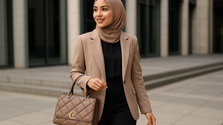 An Image of a Girl wearing Hijab going for work in office in a very stylish but modern modest dress. Holding a designer bag